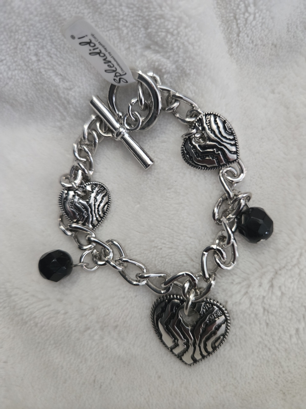 NIB Splendid Silver Zebra Heart Charm Bracelet with Black Faceted Beads